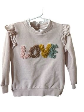 Girls Cream Pale Pink 'LOVE' Floral Appliqué Elegant Crew Neck Sweatshirt Sz-3-4